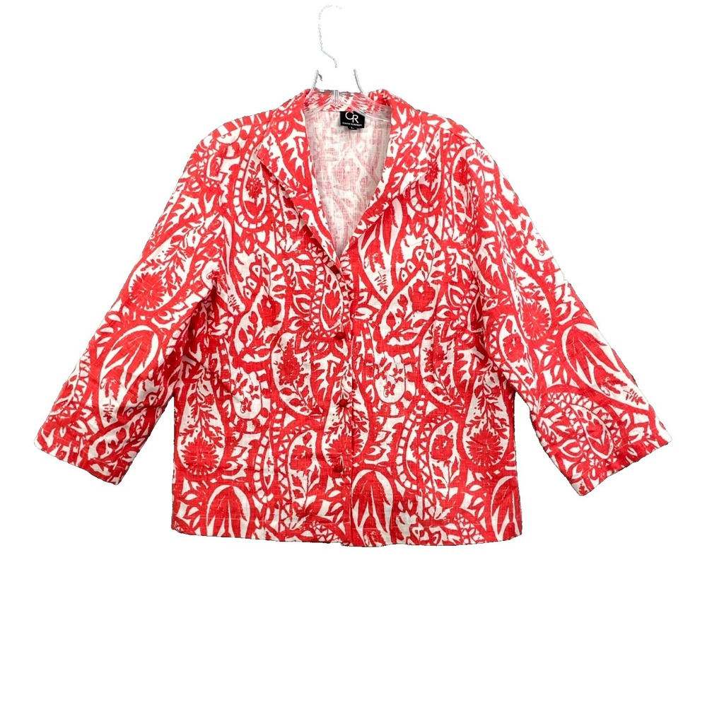 Connie‎ Roberson Jacket Womens Large Red White Floral Boho Chic Classic Preppy